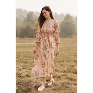 NWOT House of Harlow Peach Floral Smocked Puff Sleeve Midi Dress sz M